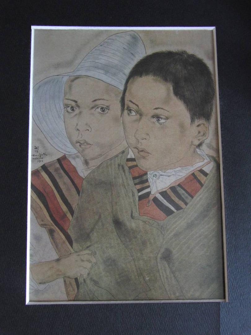 藤田嗣治、【Enfants mexicains】、希少な額装用画集より、厳選