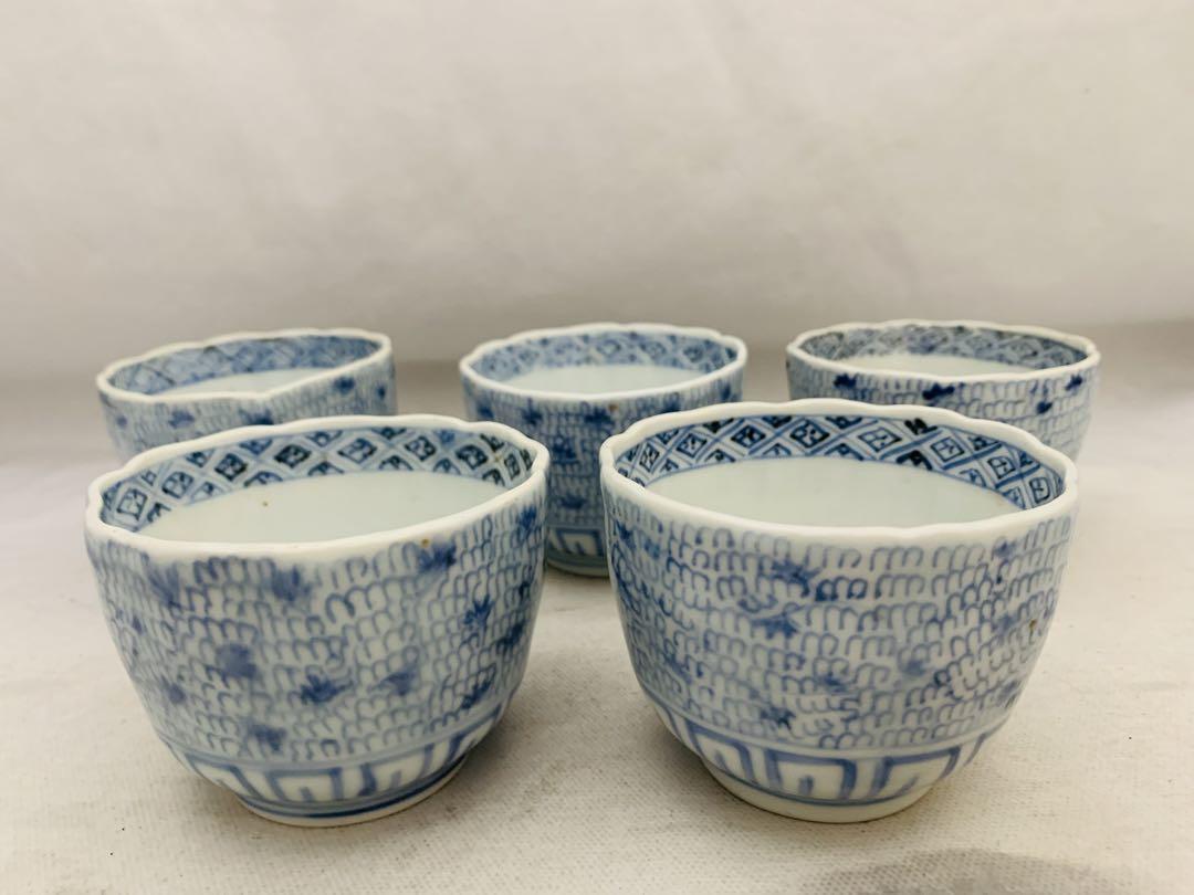 古伊万里 微塵唐草 蕎麦猪口 5客 時代 染付 成化年製