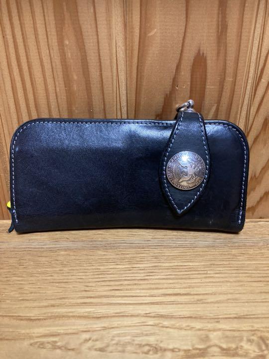長財布 皮 レザー コンチョ シルバー 手縫い 黒 ブラック メンズ